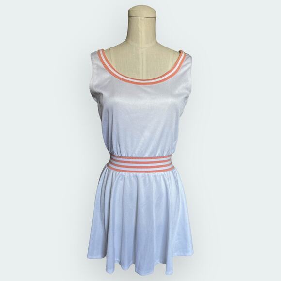 Vintage 1970s Loom Togs White Tennis Mini Dress Peach Sport Stripe Tank Stretch - Picture 3 of 5